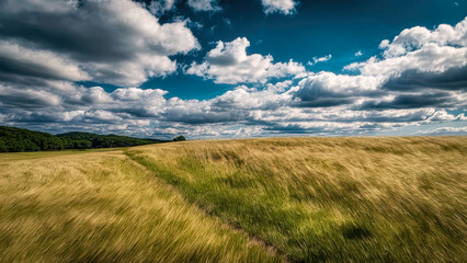 Obraz premium Beautiful rural landscape in a windy, sunny day blue sky. Generated Ai.