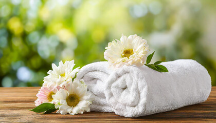 Beautiful composition with spa towels on table