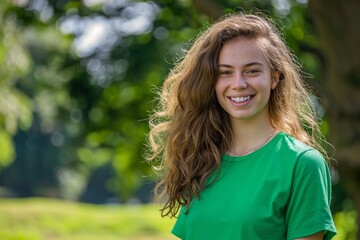 Smiling young woman in a green volunteer t shirt, outdoors with a blurred green background