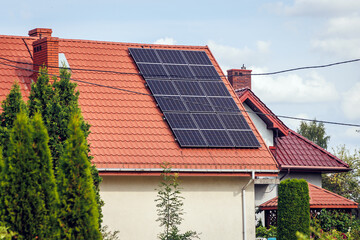 Solar panel on a house roof in Wegrow County, rural area of Mazowsze region in Poland