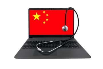 Laptop with China flag on the screen and a medical stethoscope on a transparent background. Chinese healthcare system concept