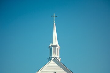 Photo of a church steeple with a cross on top, minimalistic and simple with a clear blue sky background in soft natural light with sharp focus Generative AI - obrazy, fototapety, plakaty