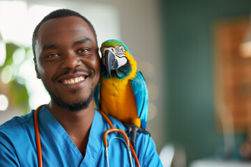 black male, smiling, veterinarian with a macaw on his shoulder with a blurred clinic background