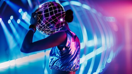 Futuristic gym scene with digital neon globe head on reflective silver sports top for creative surrealism