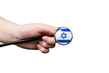The head of a medical stethoscope in the form of the Israeli flag in a hand (close-up) on a transparent background. Israeli healthcare system concept