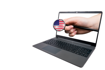 A hand with a medical stethoscope with a head in the form of a US flag sticks out from a laptop on a transparent background. US healthcare system concept