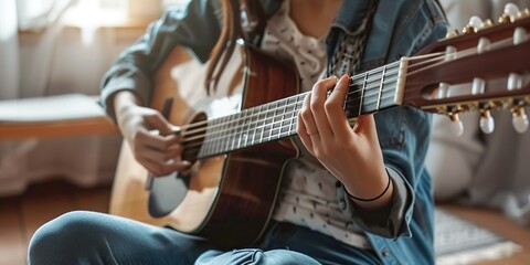 Woman play acoustic guitar in closeup , concept of Music performance