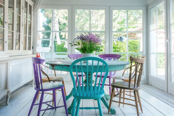 Rustic, vintage furniture, table and chairs of various bright colors in the dining room with large windows.