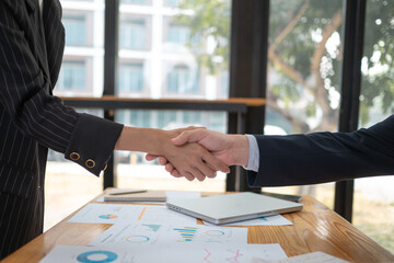 Two business people shaking hands, businessman, hand, Smiling caucasian female hr manager handshake, Business people shaking hands after meeting