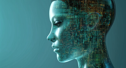 Futuristic digital representation of a human profile with a brain made of circuit board patterns.
