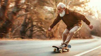 Foto auf Acrylglas Energetic grandfather on a skateboard speeding along an urban road © North