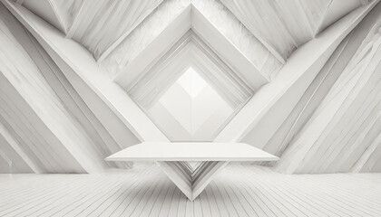 Soft light white abstract stage in elegant futuristic geometric style with simple lines and corners, polygons as background with white wood shelf for advertisement, presentation products, design. - obrazy, fototapety, plakaty