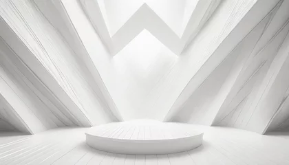 Fotobehang Soft light white abstract stage in elegant futuristic geometric style with simple lines and corners, polygons as background with white wood shelf for advertisement, presentation products, design. © netsay