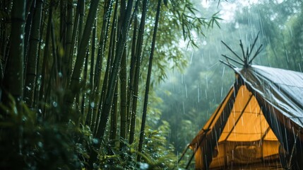 the magic of rain on a tent in a mystical bamboo forest, with the raindrops creating patterns on...