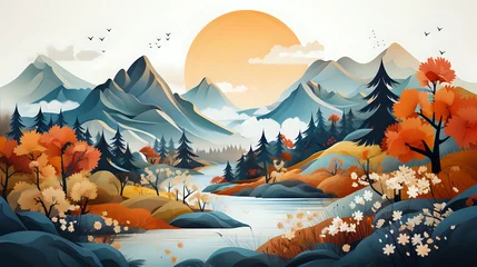 Papier Peint photo Lavable Montagnes Tranquil autumn mountain valley illustration.  Artistic rendition of a peaceful autumn valley with mountains, perfect for seasonal decor, travel inspiration, and nature-themed creative projects.