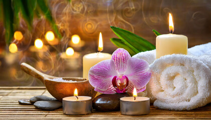 Beauty spa treatment with candles towels