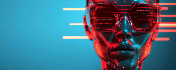 Cyberpunk Aesthetic Concept with a Person Wearing Futuristic Sunglasses with Neon Reflections - obrazy, fototapety, plakaty
