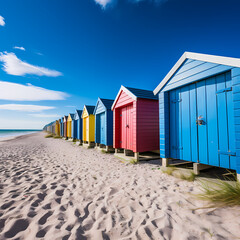 Obraz na płótnie Canvas A row of colorful beach huts against a blue sky.