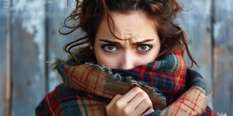 Frowning woman is wrapped in a plaid and looks anxiously , concept of Expressing concern