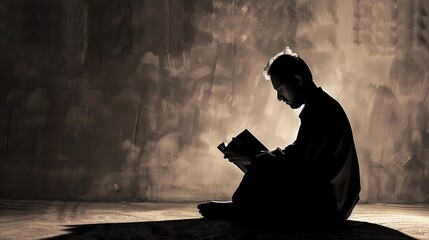 Muslim man reading the holy quran in a dark room with grunge background, ai generative