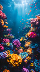 The sun's rays, filtering through the crystal-clear waters, create a mesmerizing display of light and shadow, casting an ethereal glow upon the bustling community of marine creatures that call this vi