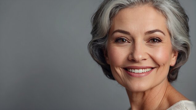Portrait of a middle-aged woman with gray hair. Beautiful smile. The concept of natural beauty and beautiful aging. Light background. 