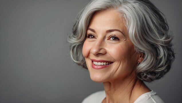 Portrait of a middle-aged woman with gray hair. Beautiful smile. The concept of natural beauty and beautiful aging. Light background. 