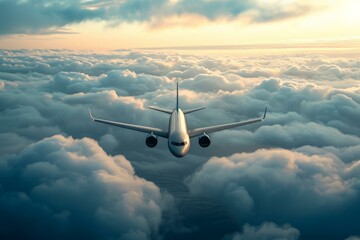 Airplane flies clouds transport. Turbine speed. Generate Ai