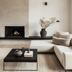 Beige sofa, black coffee table and fireplace, Japandi home interior design of modern living room