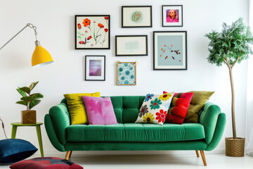 Green sofa with colorful cushions against a white wall with art poster frames
