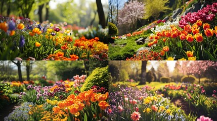 A scenic view of a vibrant flower garden in full bloom, capturing the beauty of spring in a refreshing and colorful landscape