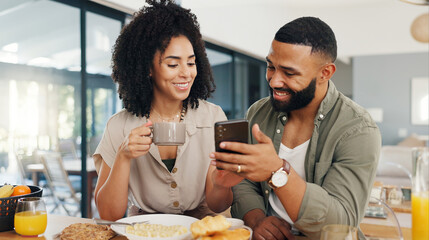 Couple, happy and coffee with smartphone for social media, sharing music or app explanation. Man,...