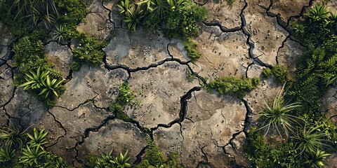 Dried, cracked earth and green grass around the edges, concept of Climate change
