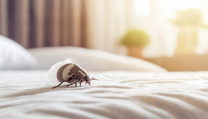 An Image Showcasing A Dust Mite Within A Bed Underscoring The Significance Of Maintaining A Clean Sleeping Environment . Сoncept Dust Mites, Benefits Of A Clean Bedroom, Bed Cleaning Tips - obrazy, fototapety, plakaty
