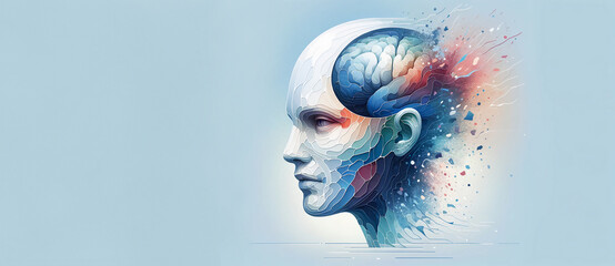 Dissolving human face. Mental Health and creativity in a futuristic and abstract illustration. Banner copy space. Behavior. Psychology concept. Artificial Intelligence