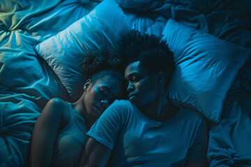 top view couple sleeping in bed at night. husband and wife cuddling, sleep hygiene concept good night rest and wellness