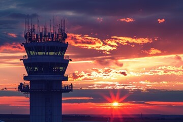Airport control tower sunset. Control air traffic. Generate Ai - obrazy, fototapety, plakaty