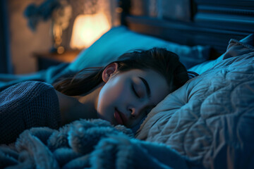 close up young asian woman sleeping in bed at night. female sleep hygiene concept good night rest and wellness - obrazy, fototapety, plakaty