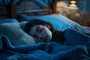 close up young caucasian woman sleeping in bed at night. white female sleep hygiene concept good night rest and wellness - obrazy, fototapety, plakaty