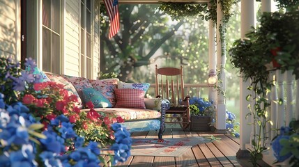 A festive porch with a colorful couch and blue plumbago. 