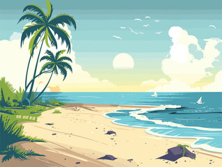 Fototapeta na wymiar Azure sky, palm trees, and waves on a tropical beach