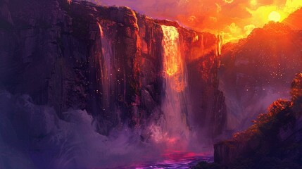 A fiery waterfall at sunset