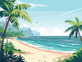 Fototapeta na wymiar Sandy beach with palm trees, mountains, and clear blue skies