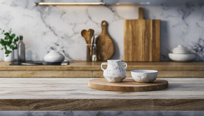 Wooden table on blurred kitchen bench background. Empty wooden table and blurred kitchen background