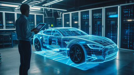 man standing in a server room looking at a tablet, with a holographic projection of a car in front...