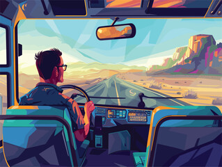 A man sits in the drivers seat of a bus, gazing out the window