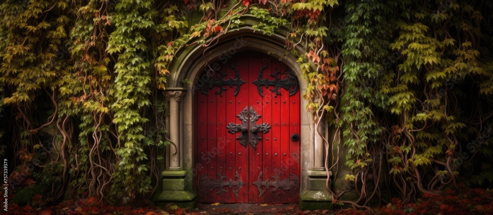 Canvas Prints In the heart of the forest, a red door stands amidst towering trees. The wooden facade contrasts with the natural landscape, creating an artful scene