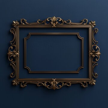 Ornate bronze picture frame in the 19th century style against a dark blue background. ideal as a mockup or for interior design. created with AI