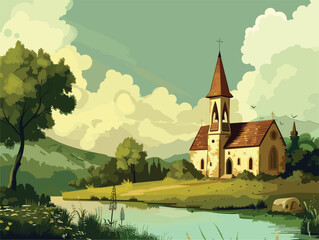 Church on river island, surrounded by water, trees, grass, under a cloudy sky