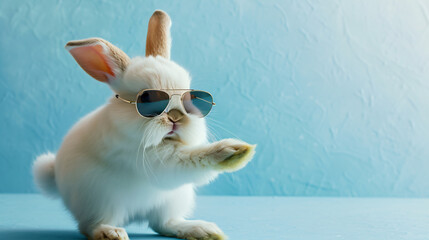 Easter bunny wearing sunglasses, Easter holidays blue background with copy space